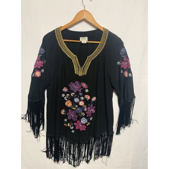 ARIAT Fringe Tunic Women's L Black Embroidered Boho Chic Native American Cowgirl - Picture 1 of 11